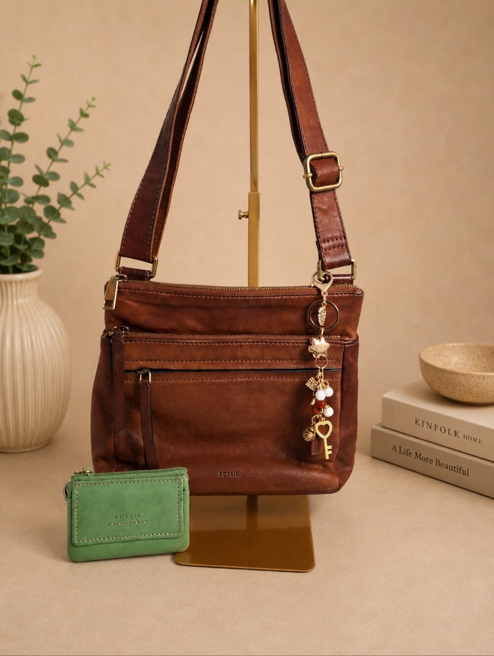Fossil Cognac Leather Crossbody Bag w/ Green Zip Card Case & Handmade Bag Charm